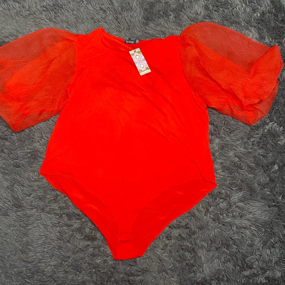 Red puffy sleeve bodysuit